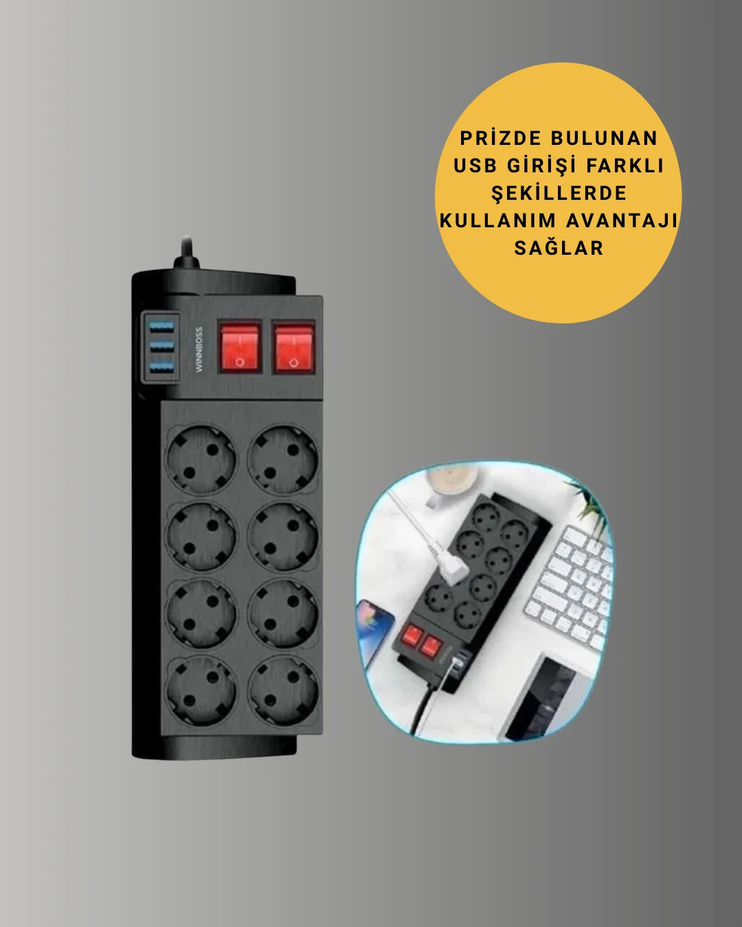 2 Metre Güçlü Çoklu Priz 8 Soket Yeni Nesil