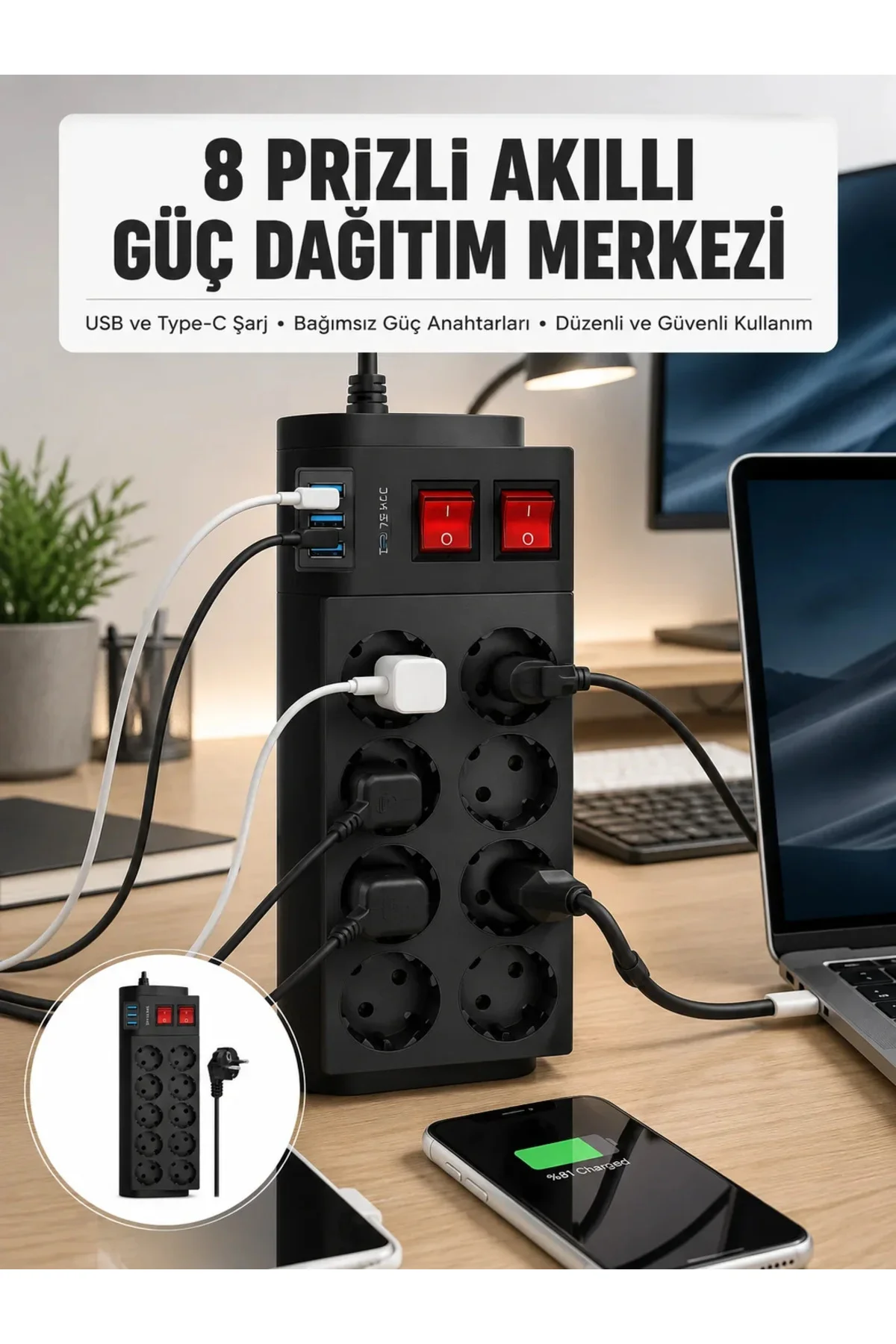 2 Metre Güçlü Çoklu Priz 8 Soket Yeni Nesil 2 Metre Güçlü Çoklu Priz 8 Soket Yeni Nesil