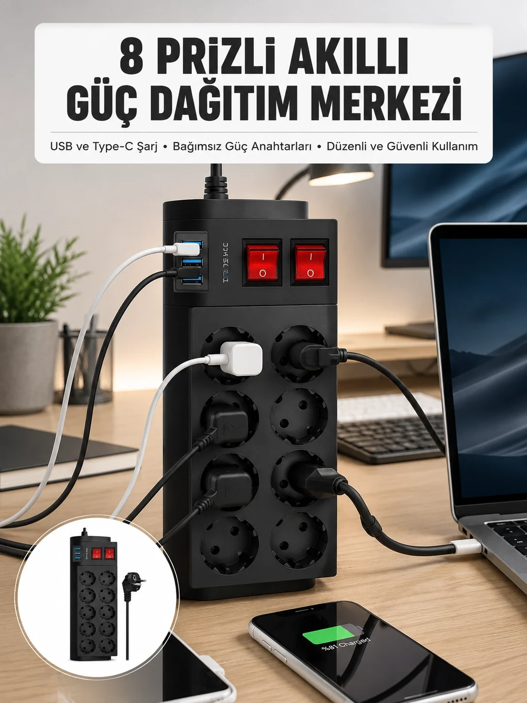 2 Metre Güçlü Çoklu Priz 8 Soket Yeni Nesil