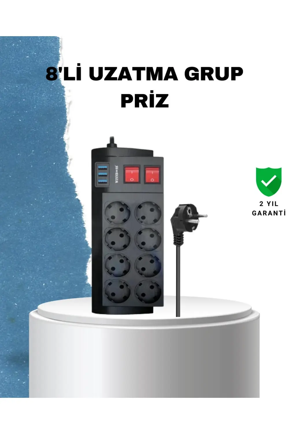 2 Metre Güçlü Çoklu Priz 8 Soket