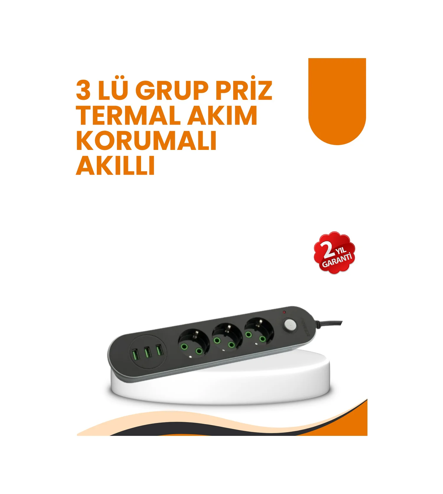 2 Metre Kablolu 3 Usb Portlu Anahtarlı Üçlü Priz - Lisinya