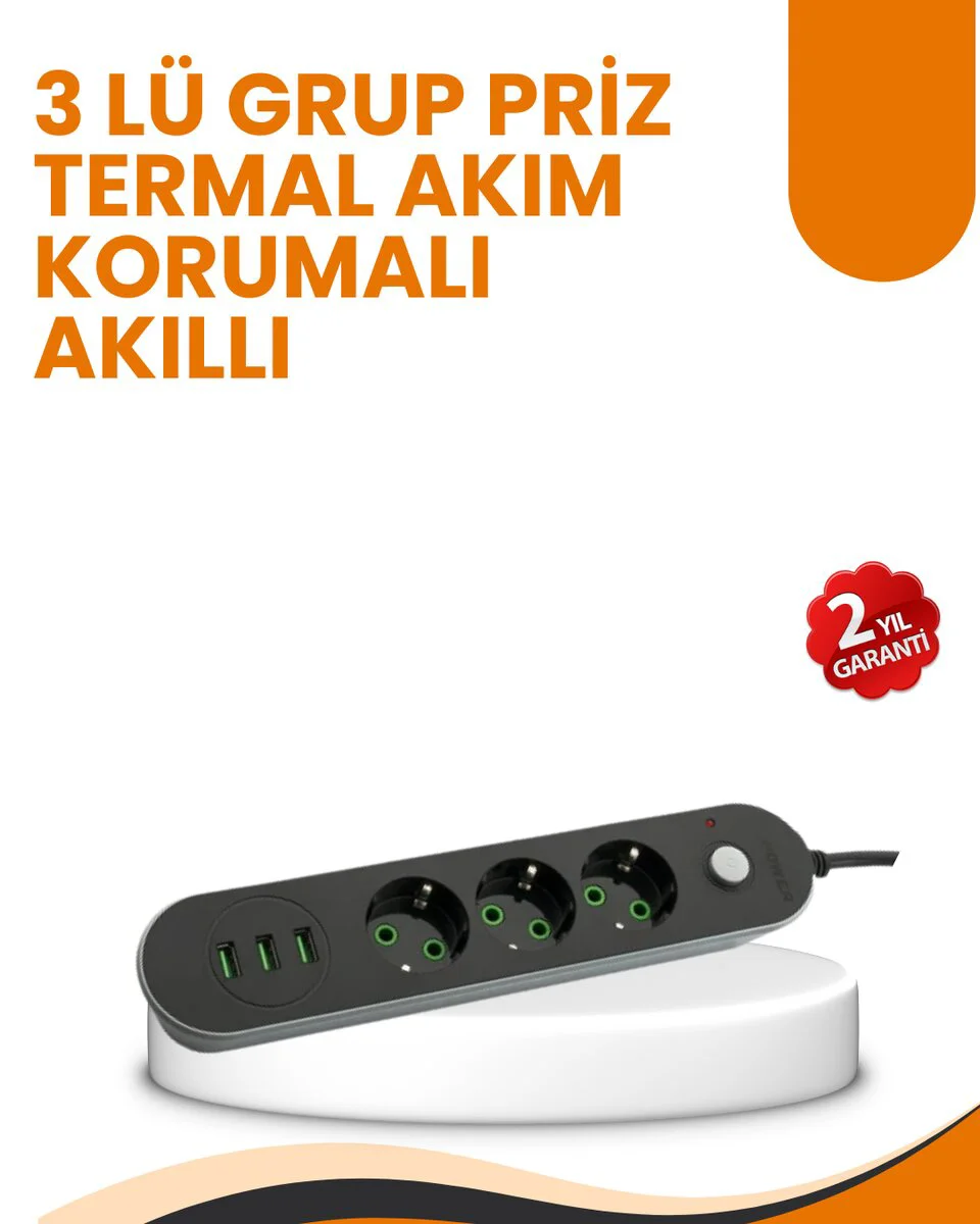 2 Metre Kablolu 3 USB Portlu Anahtarlı Üçlü Priz - Hızlı Şarj, Akım Koruma ve Pratik Kullanım