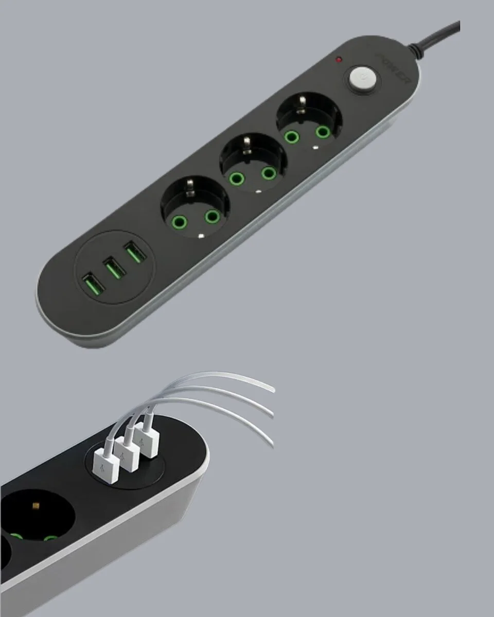 2 Metre Kablolu 3 USB Portlu Anahtarlı Üçlü Priz - Hızlı Şarj, Akım Koruma ve Pratik Kullanım