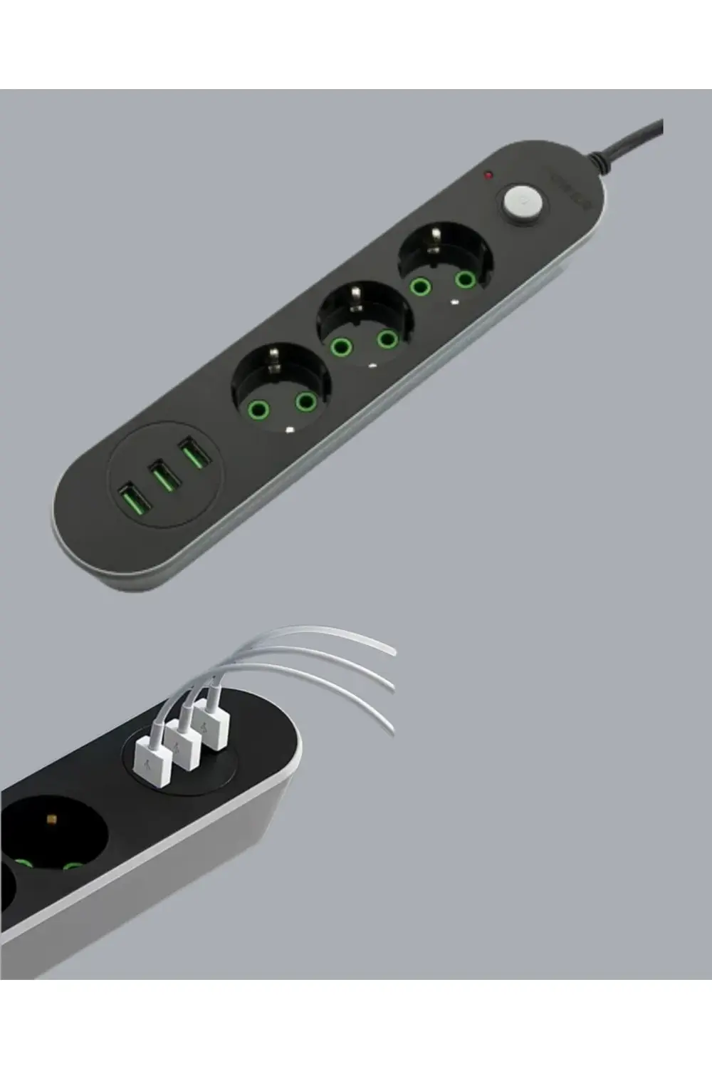 2 Metre Kablolu 3 USB Portlu Anahtarlı Üçlü Priz