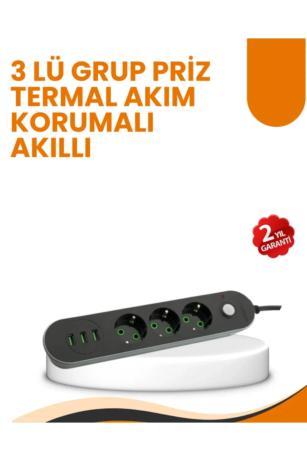 2 Metre Kablolu 3 USB Portlu Anahtarlı Üçlü Priz