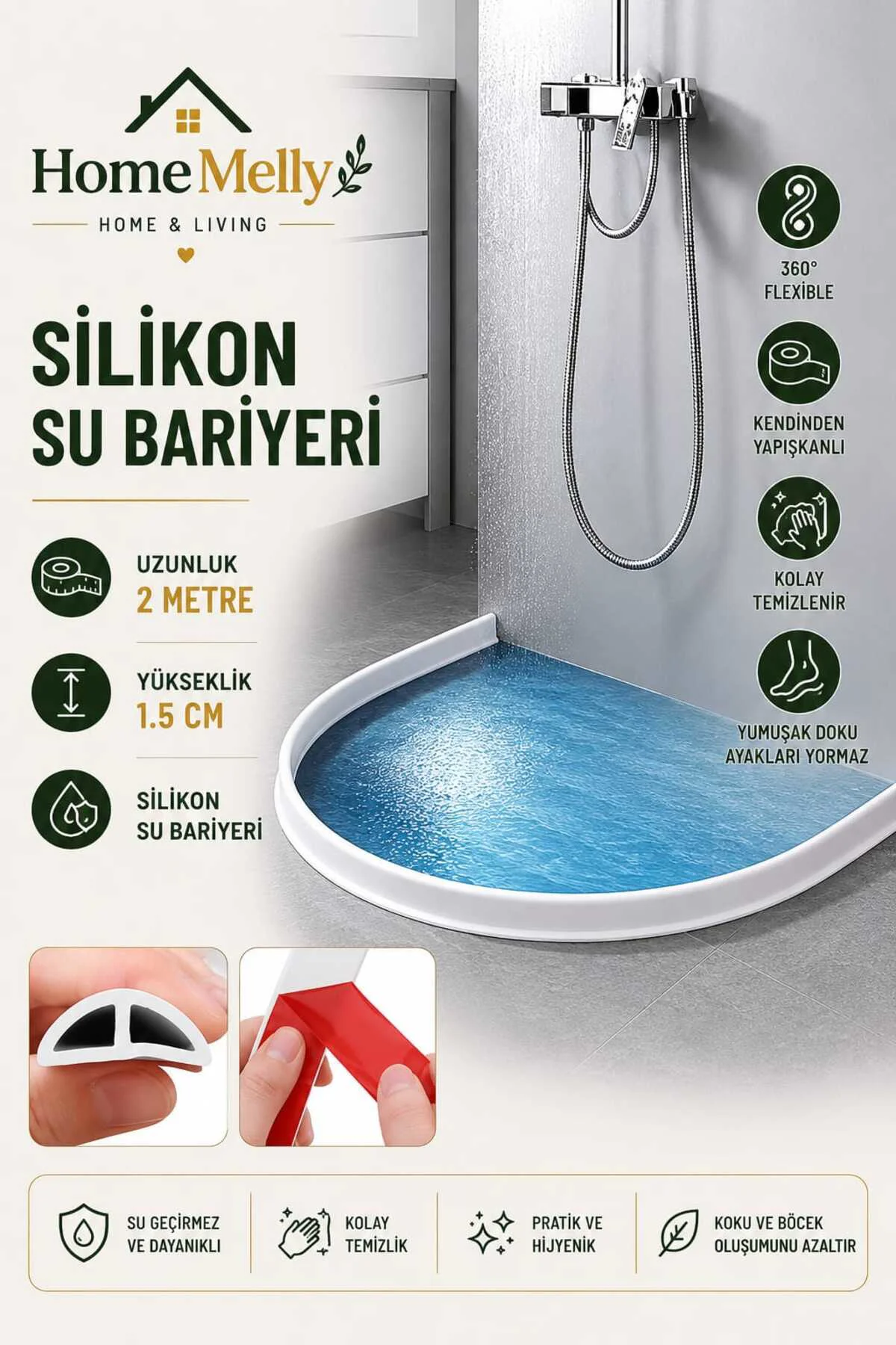 2 Metre Yapışkanlı Su Bariyeri Silikon Sızdırmazlık ve İzolasyon Bandı Duş, Kapı Eşiği, Tezgah Üstü