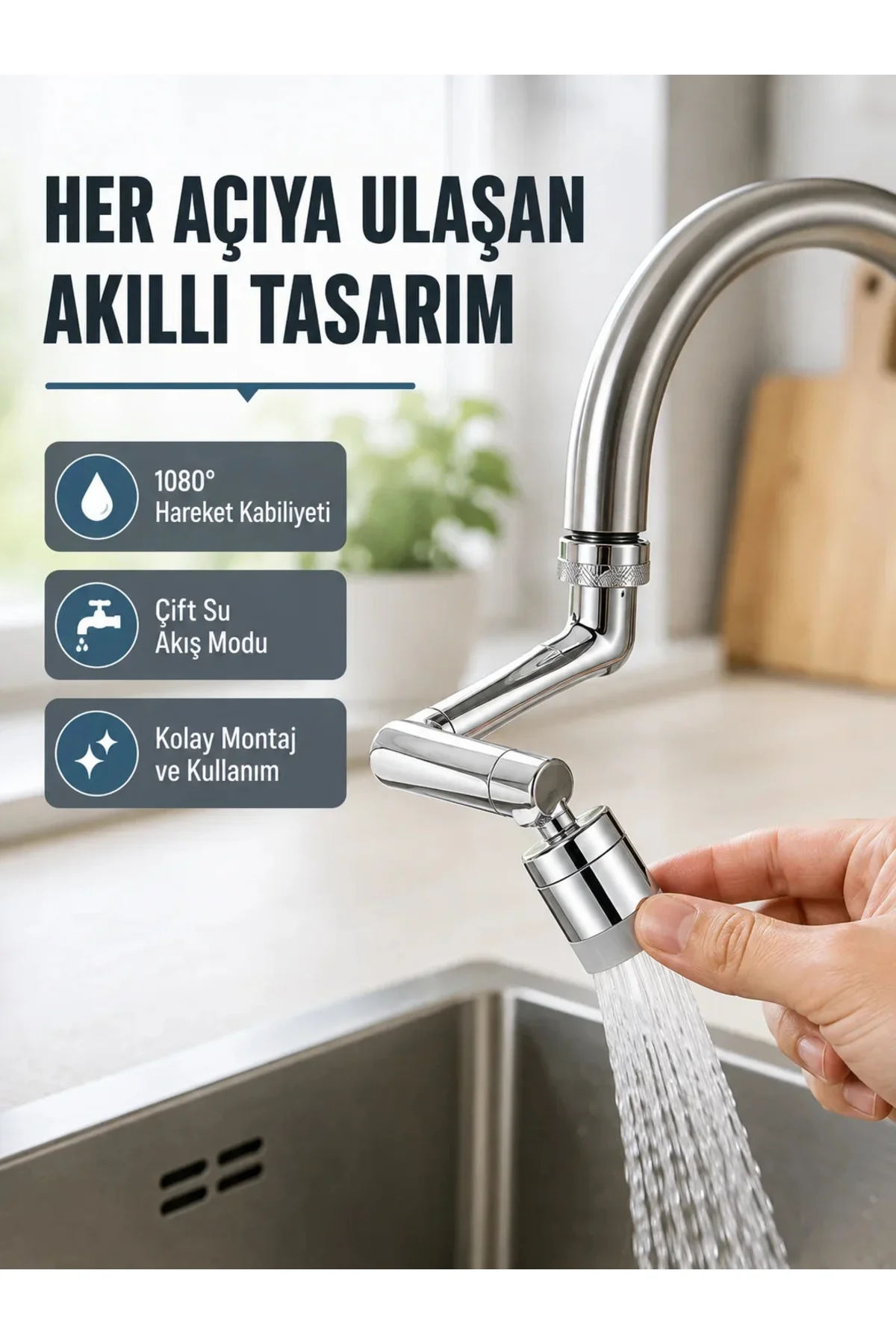 2 Modlu 1080° Dönebilen Musluk Başlığı Esnek 3 Eklemli Hareketli Tasarım