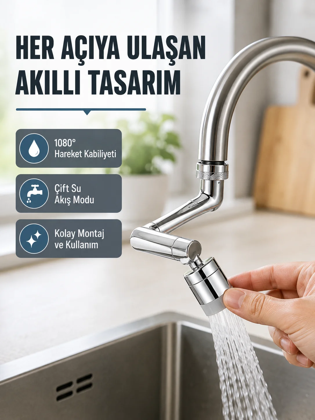 2 Modlu 1080° Dönebilen Musluk Başlığı Esnek 3 Eklemli Hareketli Tasarım Fiyatı, Yorumları ve Özellikleri