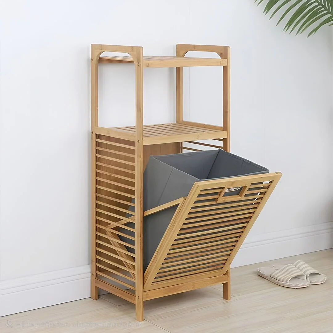 2 Organizer Raflı - Çek Aç Sepet Ahşap Bambu Kirli Çamaşır Sepet 40x35x95cm Bx40 Fiyatı, Yorumları ve Özellikleri