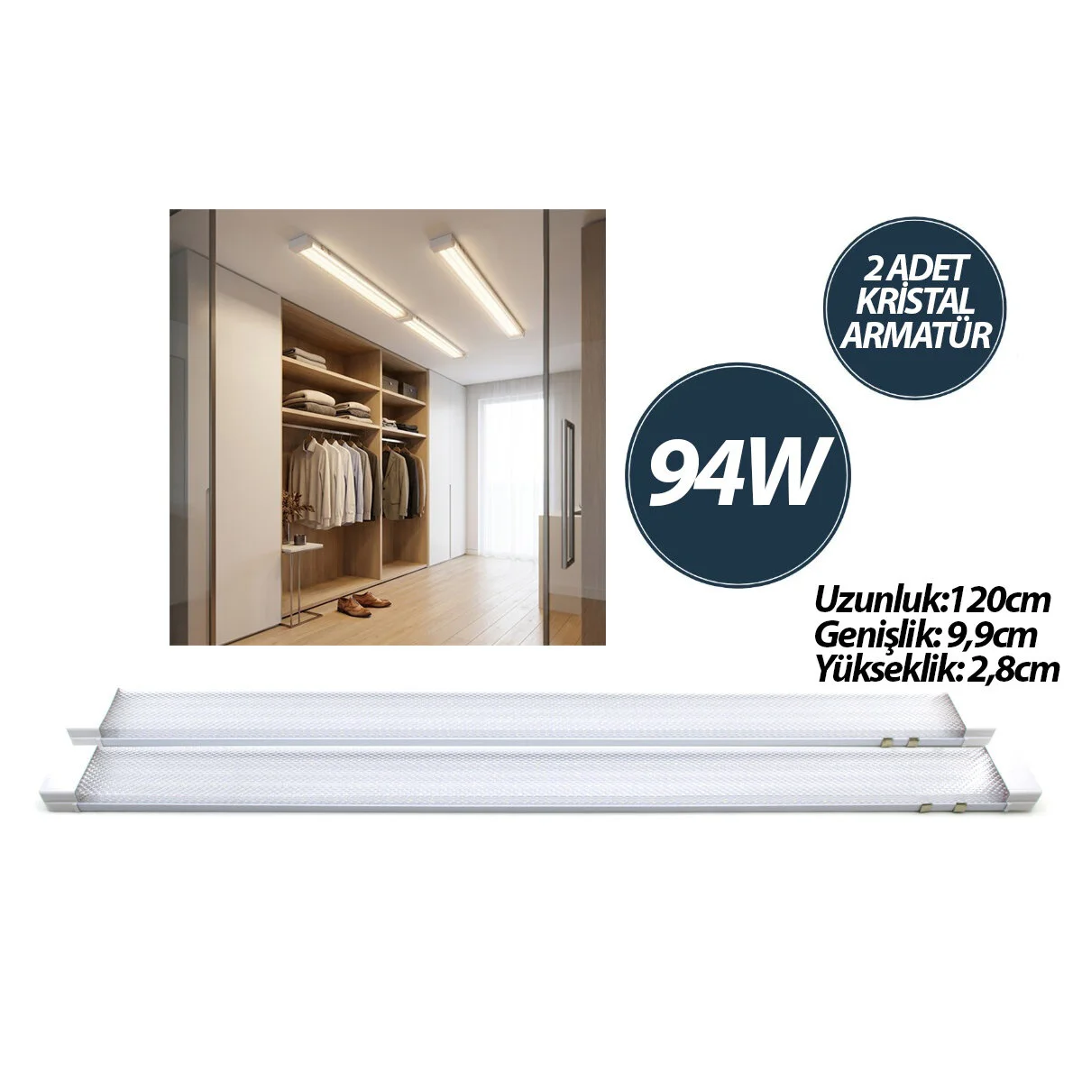 2 Pcs 94w 120cm Kristal Led Bant Armatür Beyaz 6500k Alüminyum Ka