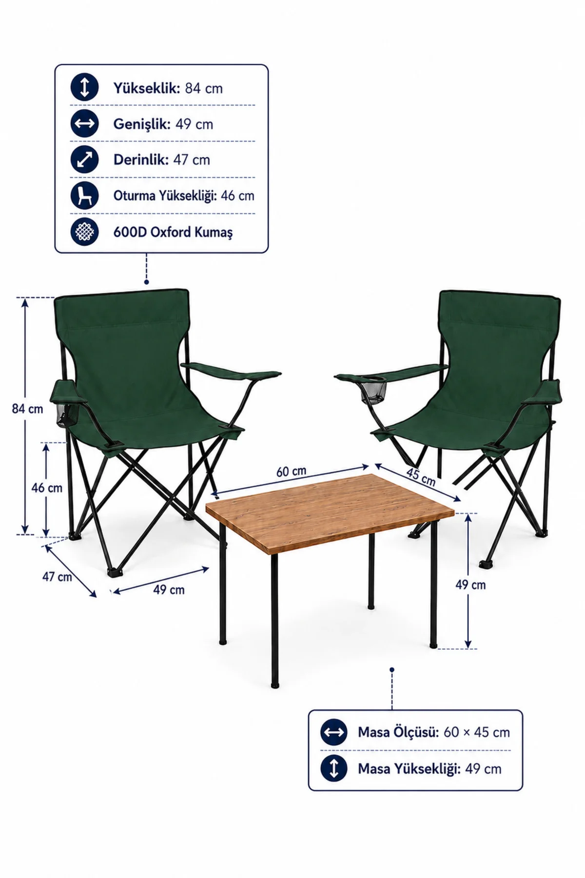 2 Sandalyeli Katlanır Kamp Masa Sandalye Seti 60x45 cm 3 Parça