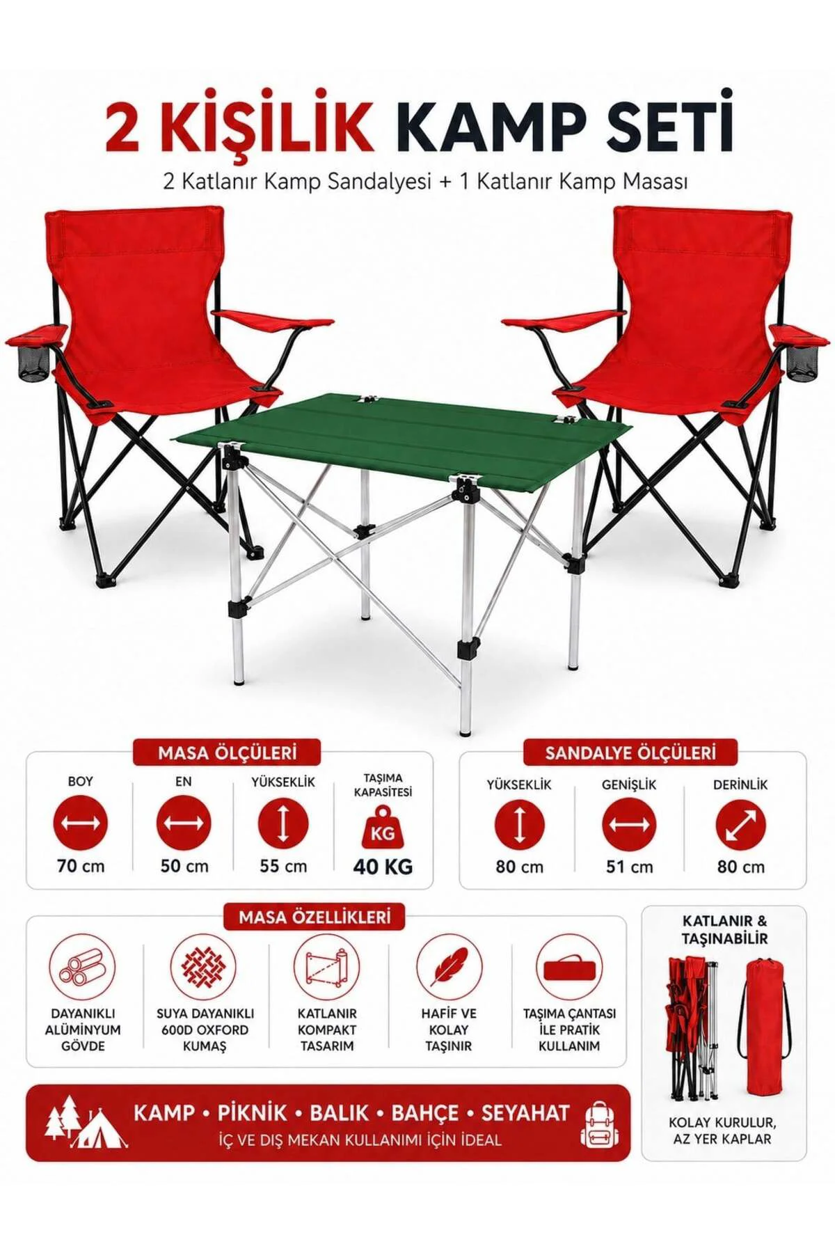 2 Sandalyeli Katlanır Kamp Seti Masa ve Sandalye Takımı