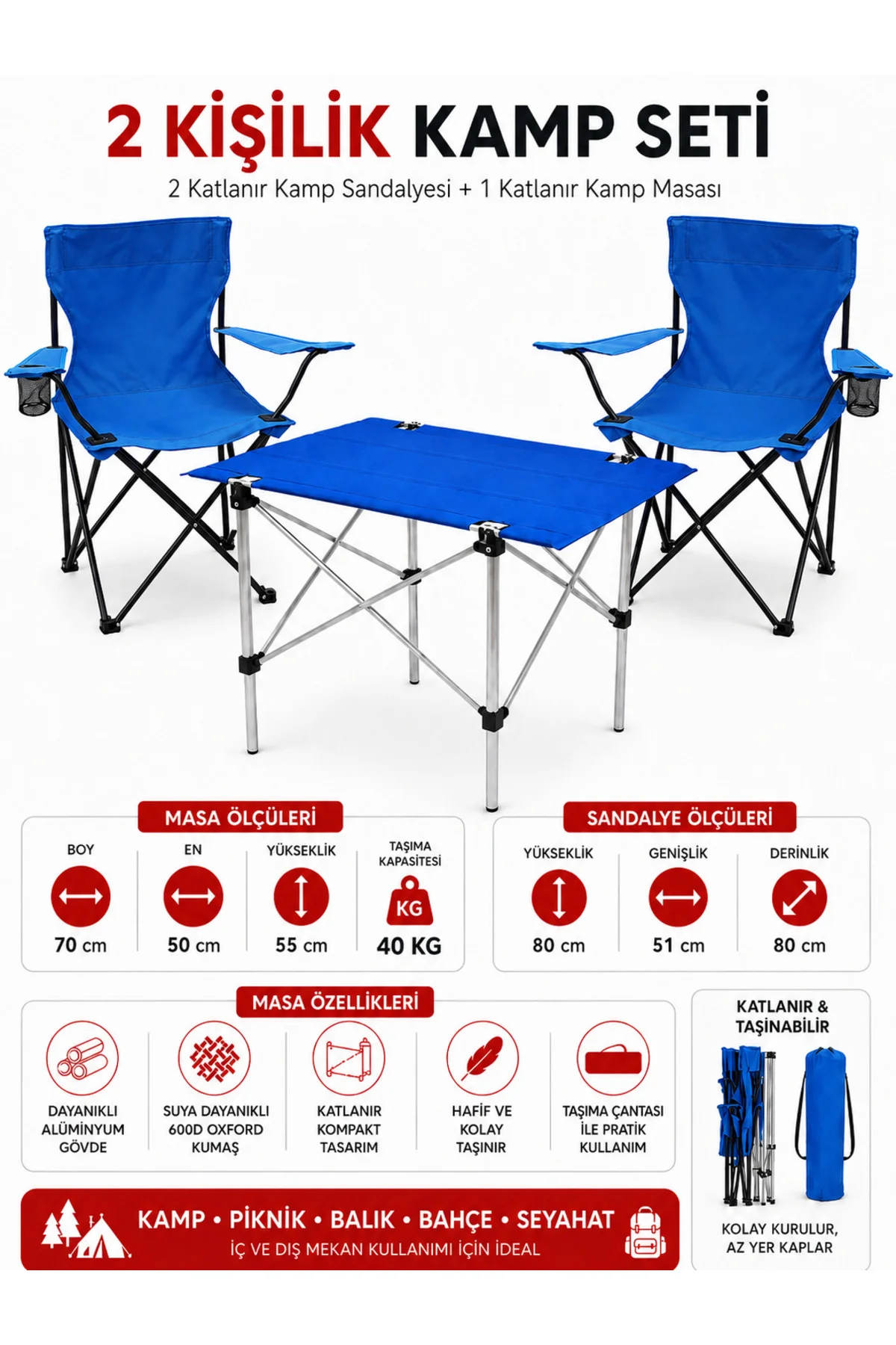 2 Sandalyeli Katlanır Kamp Seti Masa ve Sandalye Takımı