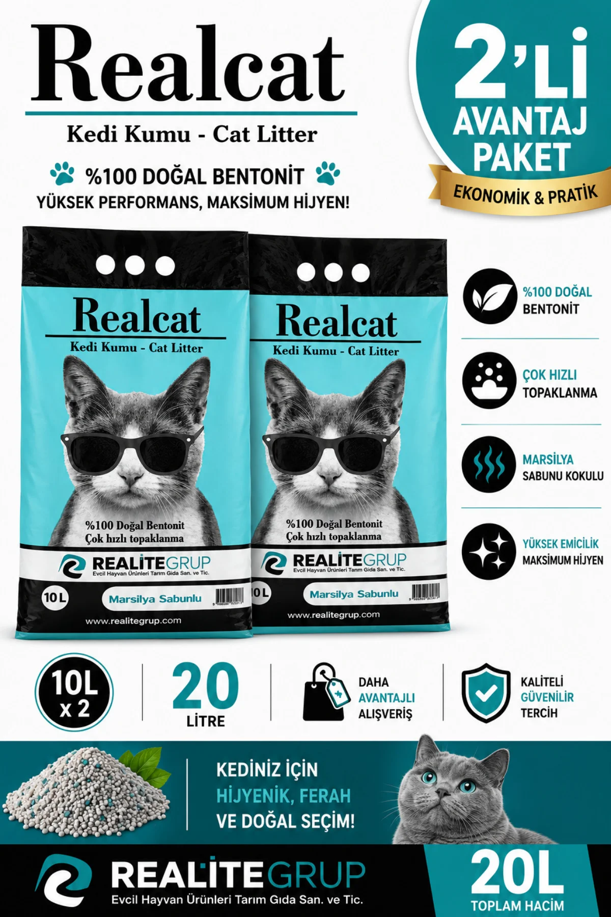 2 x 10 L Marsilya Sabunu Kokulu Bentonit Kedi Kumu %100 Doğal Çok Hızlı Topaklanan 20 L Avantaj Paket