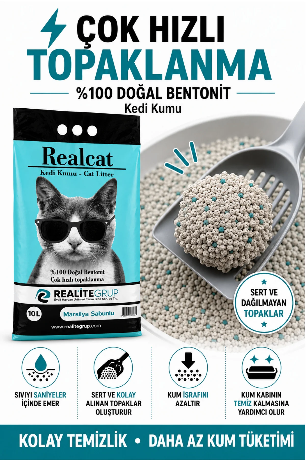 2 x 10 L Marsilya Sabunu Kokulu Bentonit Kedi Kumu %100 Doğal Çok Hızlı Topaklanan 20 L Avantaj Paket