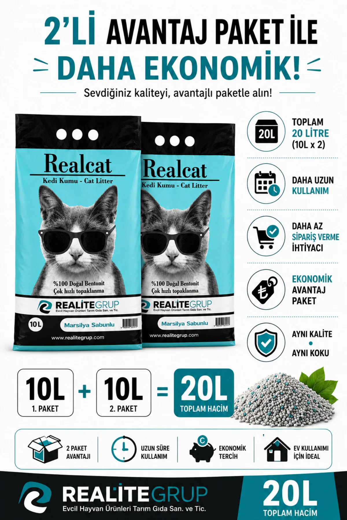 2 x 10 L Marsilya Sabunu Kokulu Bentonit Kedi Kumu %100 Doğal Çok Hızlı Topaklanan 20 L Avantaj Paket