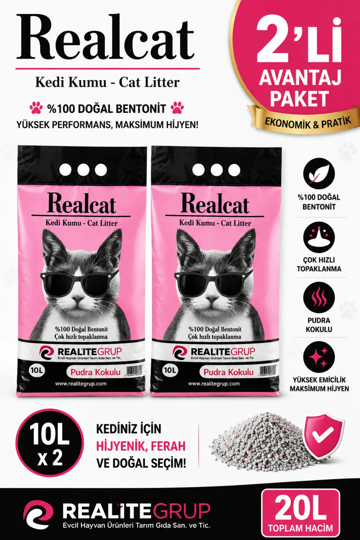 2 x 10 L Pudra Kokulu Bentonit Kedi Kumu %100 Doğal Çok Hızlı Topaklanan 20 L Avantaj Paket 2 x 10 L Pudra Kokulu Bentonit Kedi Kumu %100 Doğal Çok Hızlı Topaklanan 20 L Avantaj Paket