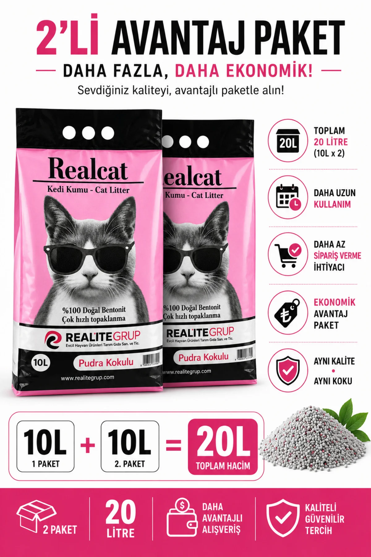 2 x 10 L Pudra Kokulu Bentonit Kedi Kumu %100 Doğal Çok Hızlı Topaklanan 20 L Avantaj Paket 2 x 10 L Pudra Kokulu Bentonit Kedi Kumu %100 Doğal Çok Hızlı Topaklanan 20 L Avantaj Paket