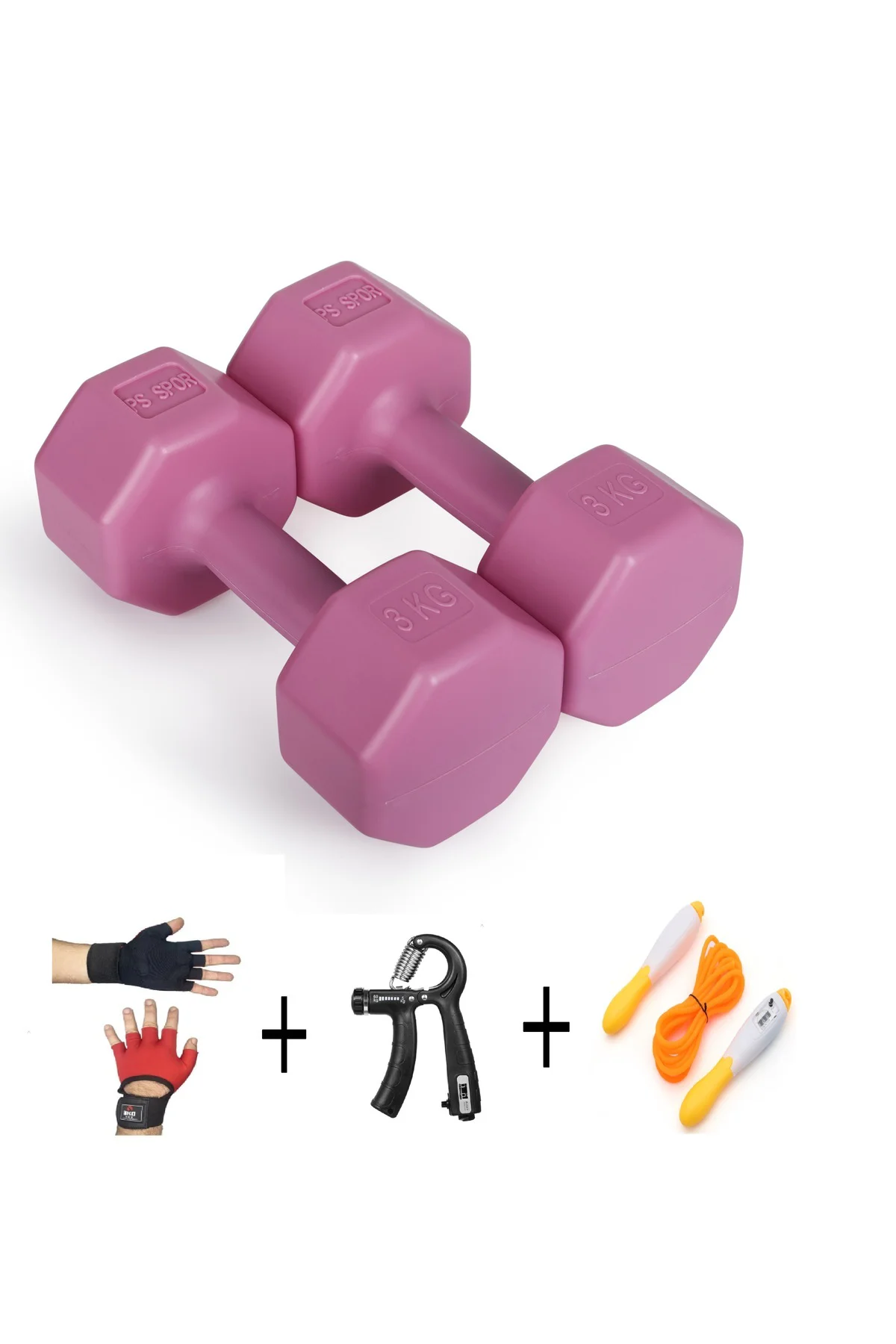 2 x 3Kg Pembe Renk Dambıl Set ve İp,Yay ve Eldiven 2 x 3Kg Pembe Renk Dambıl Set ve İp,Yay ve Eldiven