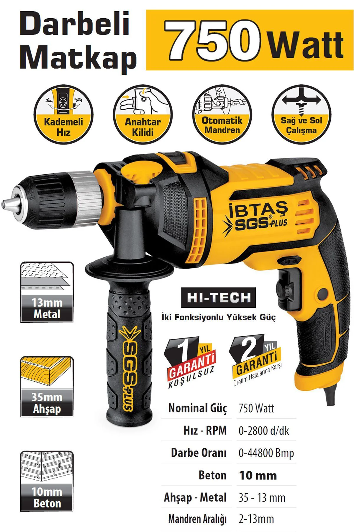 2 Yıl SGS5142 - 220 Volt Elektrikli Profesyonel Darbeli Matkap 750 Watt Yok Darbeli 700-1000 Watt A