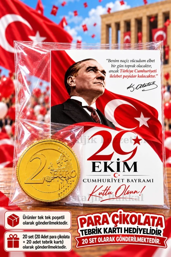 20 Adet 29 Ekim Cumhuriyet Bayramı Para Çikolata Tebrik Kartı Hediye Seti