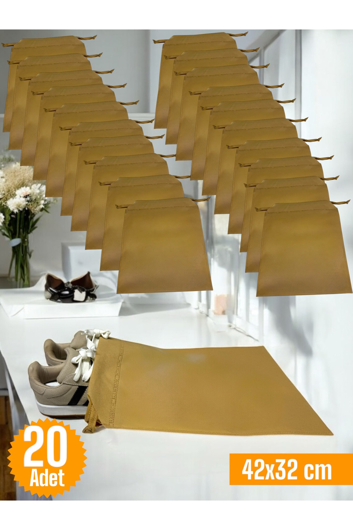 20 Adet Bej Büzgülü Ayakkabı Saklama Çantası Seyahat Hurcu ÇokAma