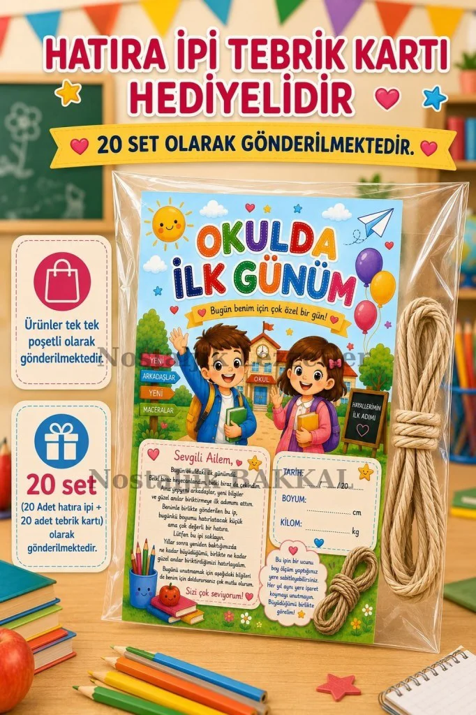 20 Adet Hatıra İpi Tebrik Kartı Hediyeli Okulda İlk Gün Hediye Seti 1. Sınıf-Sene Başı Hatıra Tebrik Kartı Seti