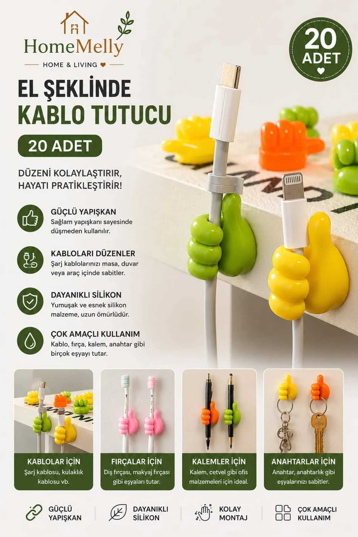 20 Adet Kendinden Yapışkanlı El Şeklide Kablo Tutucu Düzenleyici