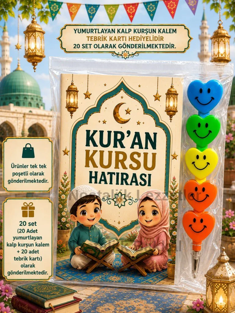 20 Adet Kur'an Kursu Hatırası Kalp Şeklinde Yumurtlayan Kurşun Kalem Kartı Hediye Seti