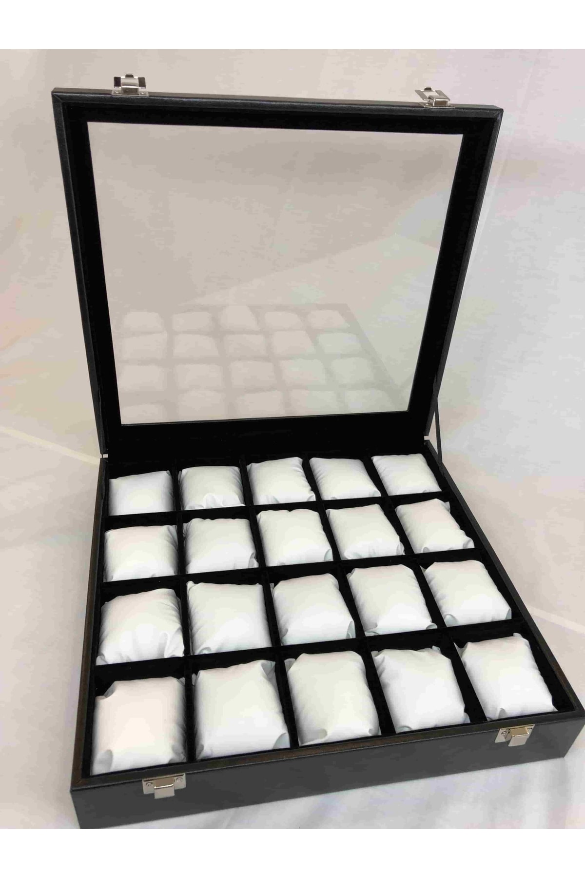 20 Bölme Görsel Cam Kapak Ahşap Iskelet Siyah Deri Kaplı Şık 20'l