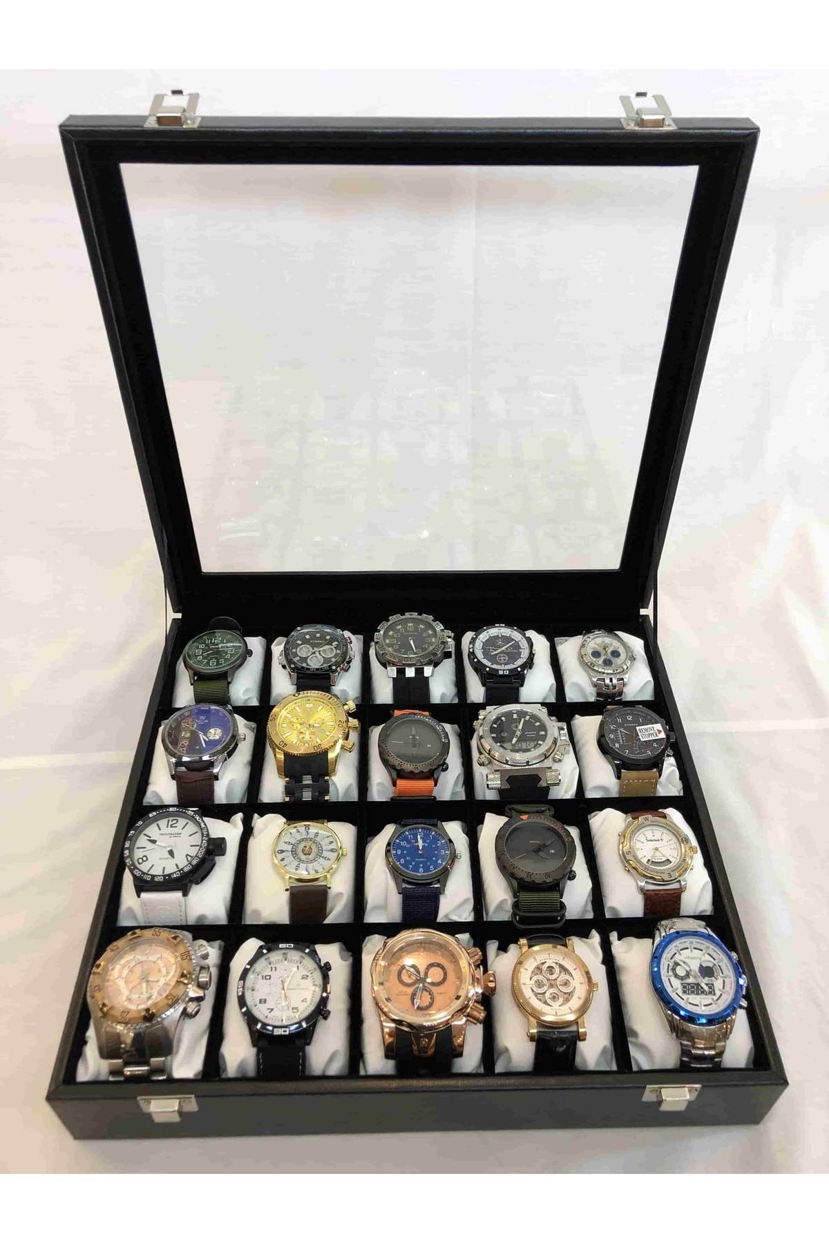 20 Bölme Görsel Cam Kapak Ahşap Iskelet Siyah Deri Kaplı Şık 20'l