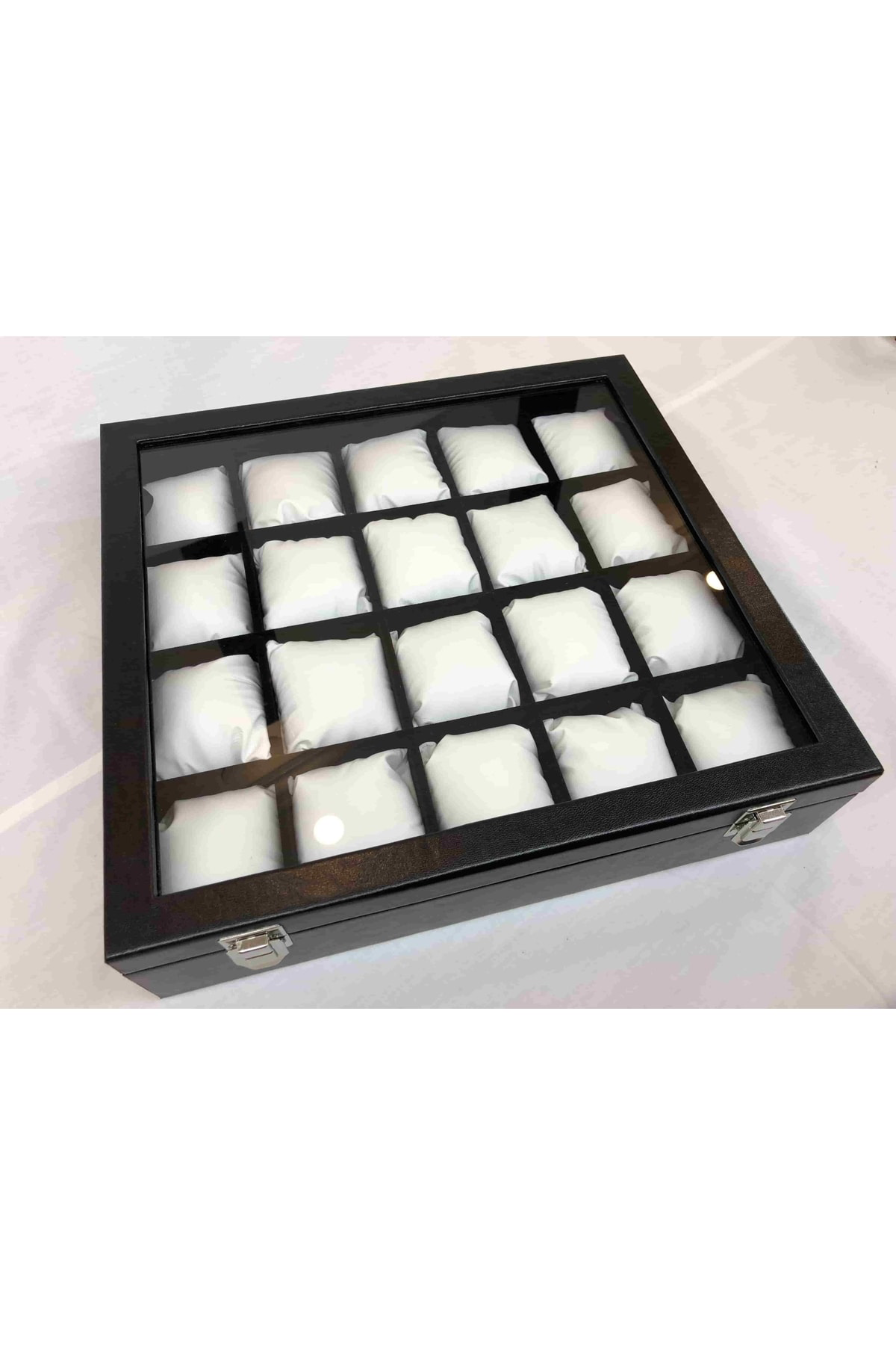 20 Bölme Görsel Cam Kapak Ahşap Iskelet Siyah Deri Kaplı Şık 20'l