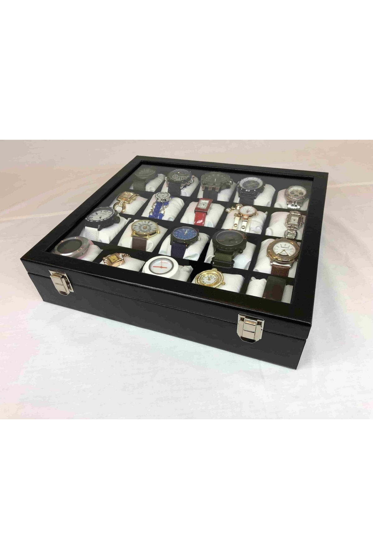 20 Bölme Görsel Cam Kapak Ahşap Iskelet Siyah Deri Kaplı Şık 20'l