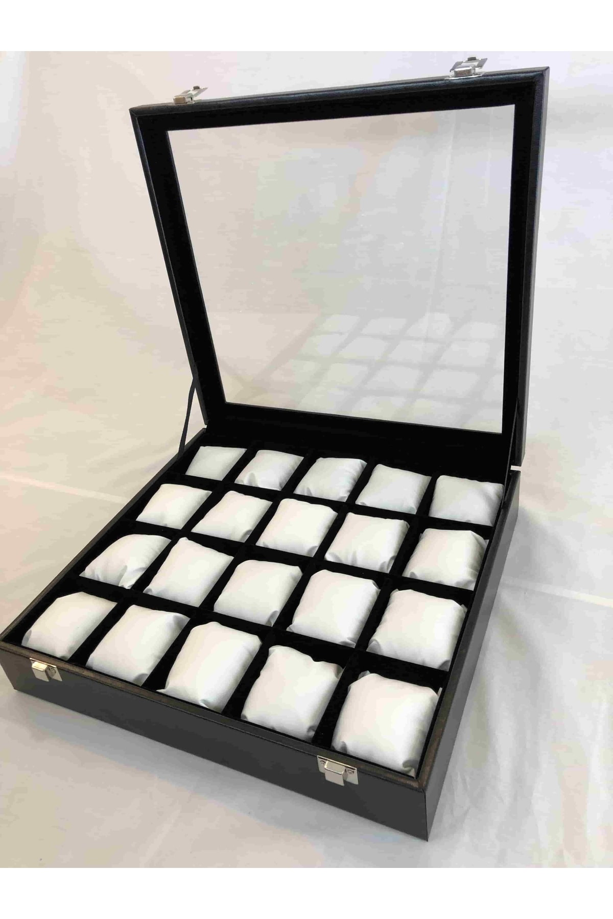 20 Bölme Görsel Cam Kapak Ahşap Iskelet Siyah Deri Kaplı Şık 20'l