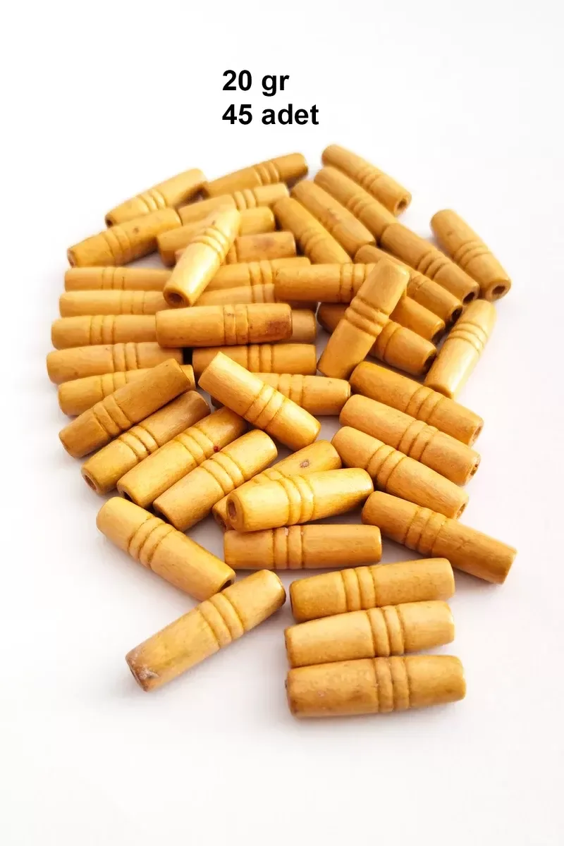 20 Gr (45 Adet) Ahşap Boncuk 25 mm boy x 10 mm en Doğal Ahşap Mak