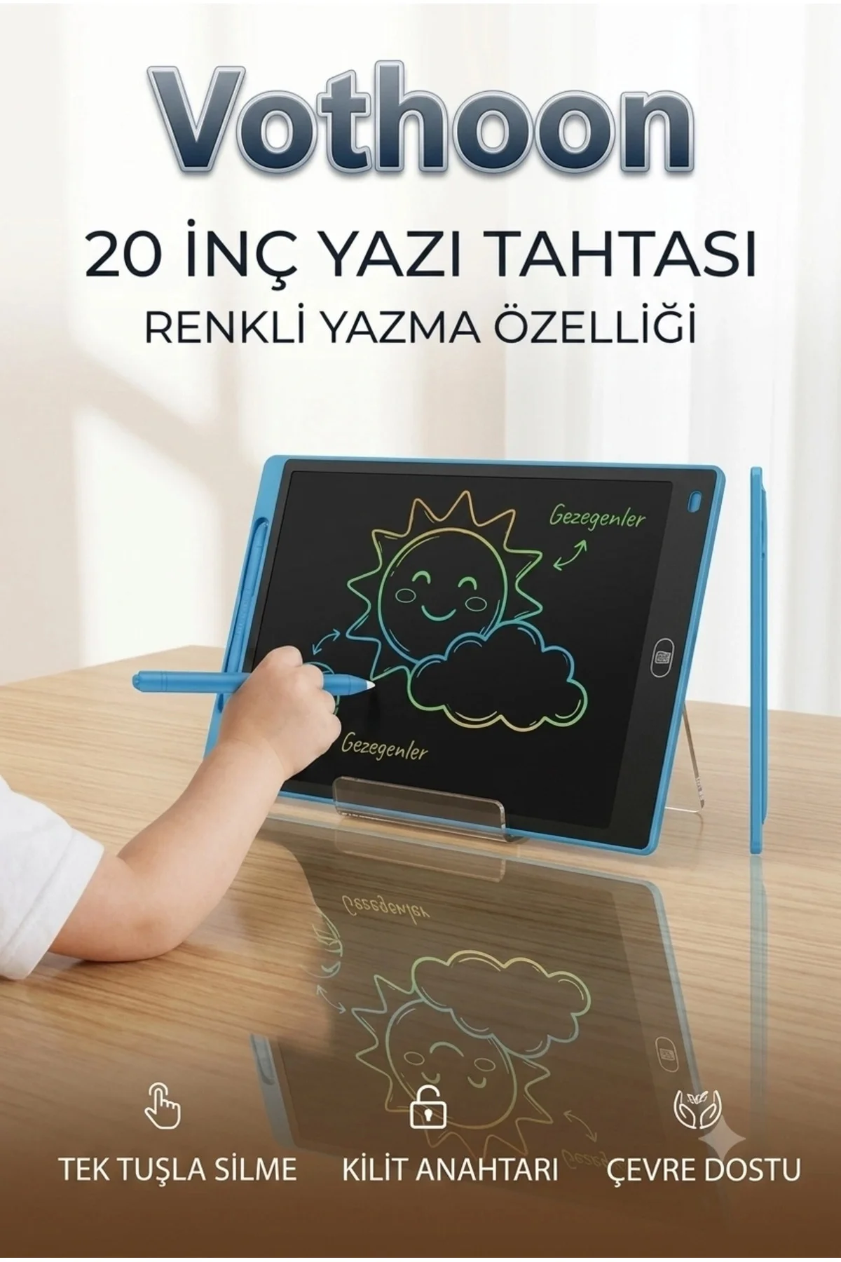 20 Inc Renkli Lcd Grafik Dijital Kalemli Çizim Tableti Yazı Tahta Not Yazma Eğitim Tableti Mavi - Görsel 4