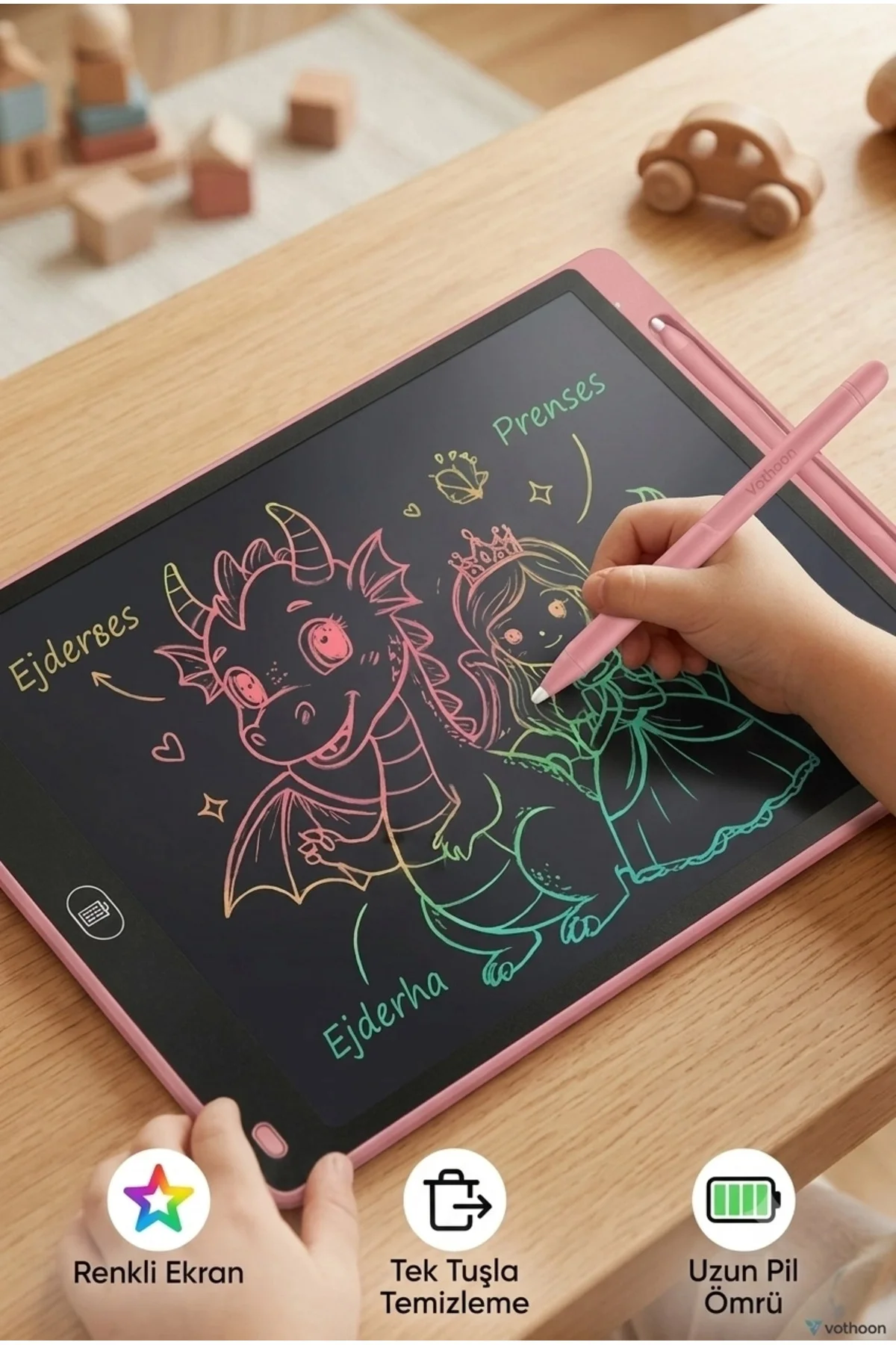 20 Inc Renkli Lcd Grafik Dijital Kalemli Çizim Tableti Yazı Tahta Not Yazma Eğitim Tableti Pembe - Görsel 4
