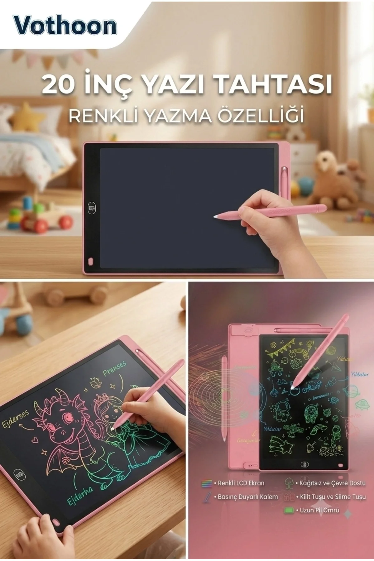 20 Inc Renkli Lcd Grafik Dijital Kalemli Çizim Tableti Yazı Tahta Not Yazma Eğitim Tableti Pembe - Görsel 2