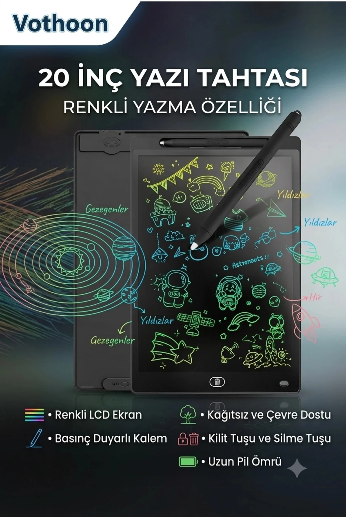 20 Inc Renkli Lcd Grafik Dijital Kalemli Çizim Tableti Yazı Tahta Not Yazma Eğitim Tableti Siyah - Görsel 2