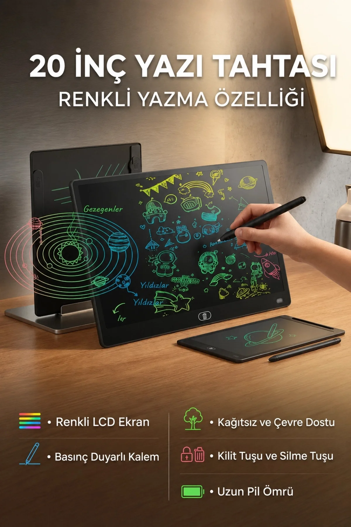 20 Inc Renkli Lcd Grafik Dijital Kalemli Çizim Tableti Yazı Tahta Not Yazma Eğitim Tableti Siyah - Görsel 4