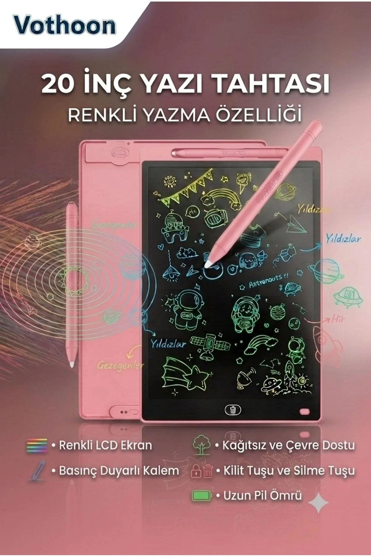 20 Inc Renkli Lcd Grafik Dijital Kalemli Çizim Tableti Yazı Tahta Not Yazma Eğitim Tableti Pembe - Görsel 3