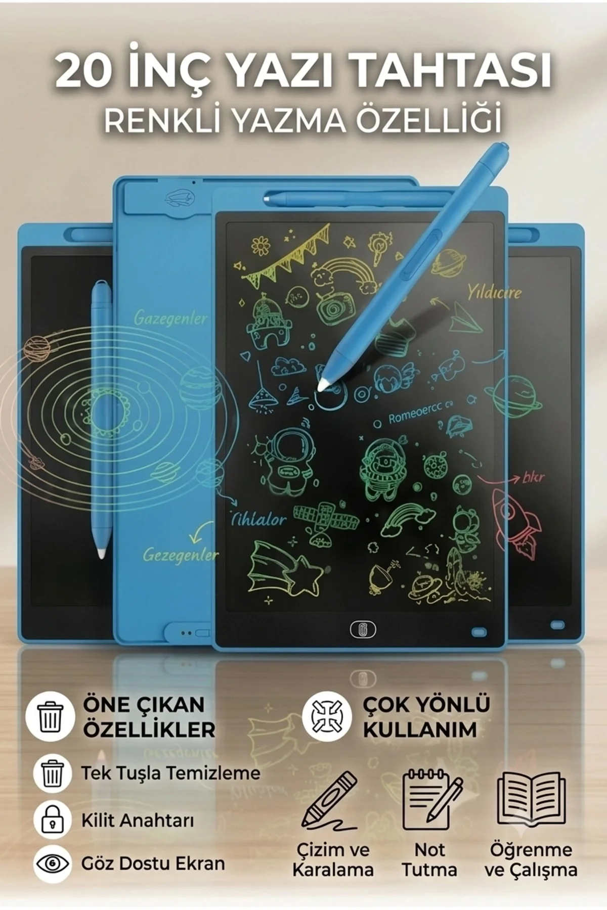 20 Inc Renkli Lcd Grafik Dijital Kalemli Çizim Tableti Yazı Tahta Not Yazma Eğitim Tableti Mavi - Görsel 3