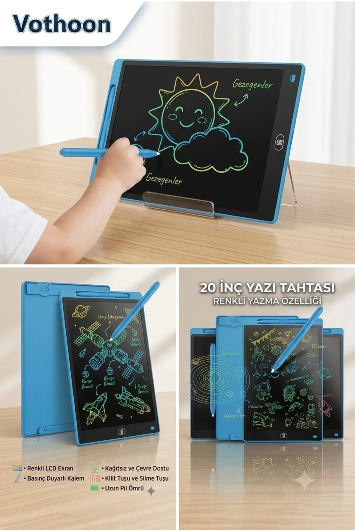 20 Inc Renkli Lcd Grafik Dijital Kalemli Çizim Tableti Yazı Tahta Not Yazma Eğitim Tableti Mavi - Görsel 2