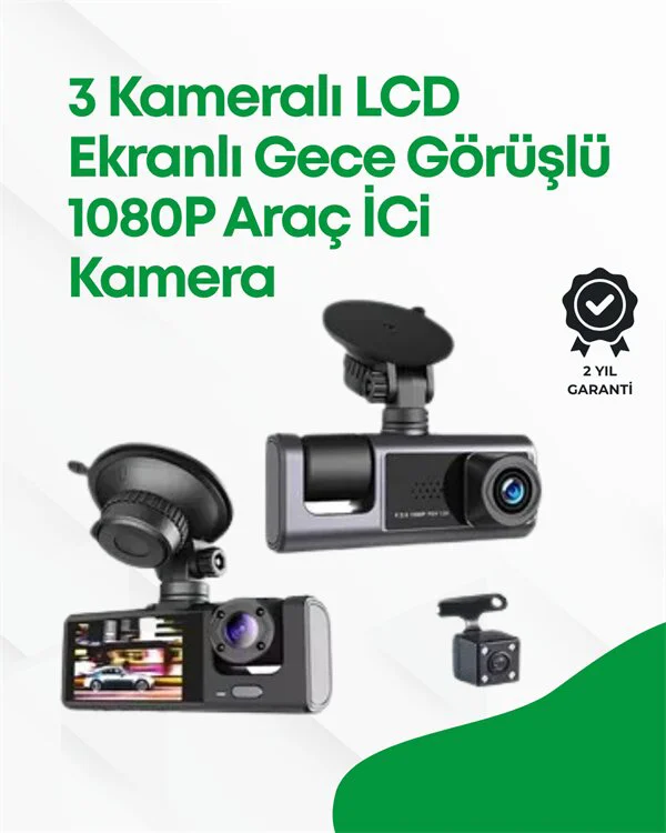 2.0” LCD Ekranlı 3 Kameralı Oto Kamera - 1080p Full HD, 170° Geniş Açı, Gece Görüş ve G-Sensör