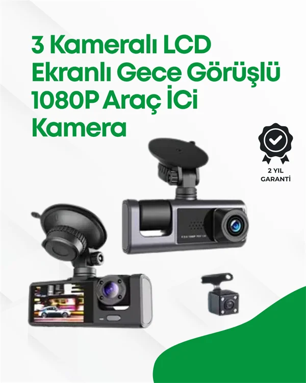 2.0” LCD Ekranlı, Döngüsel Kayıt Özellikli Üç Kameralı Oto Kamera