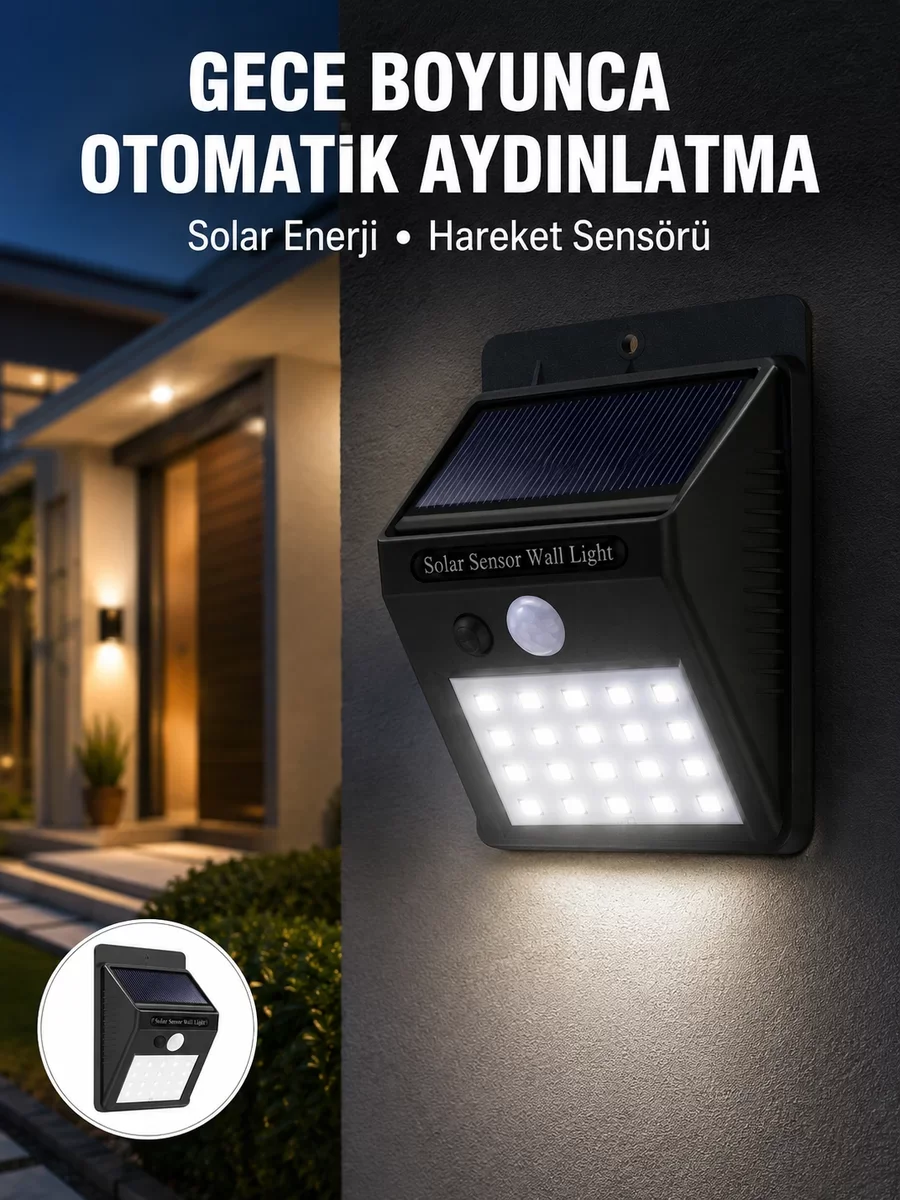 20 LED Solar Aydınlatma - Su Geçirmez PIR Hareket Sensörlü Dış Mekan Güvenlik Işığı