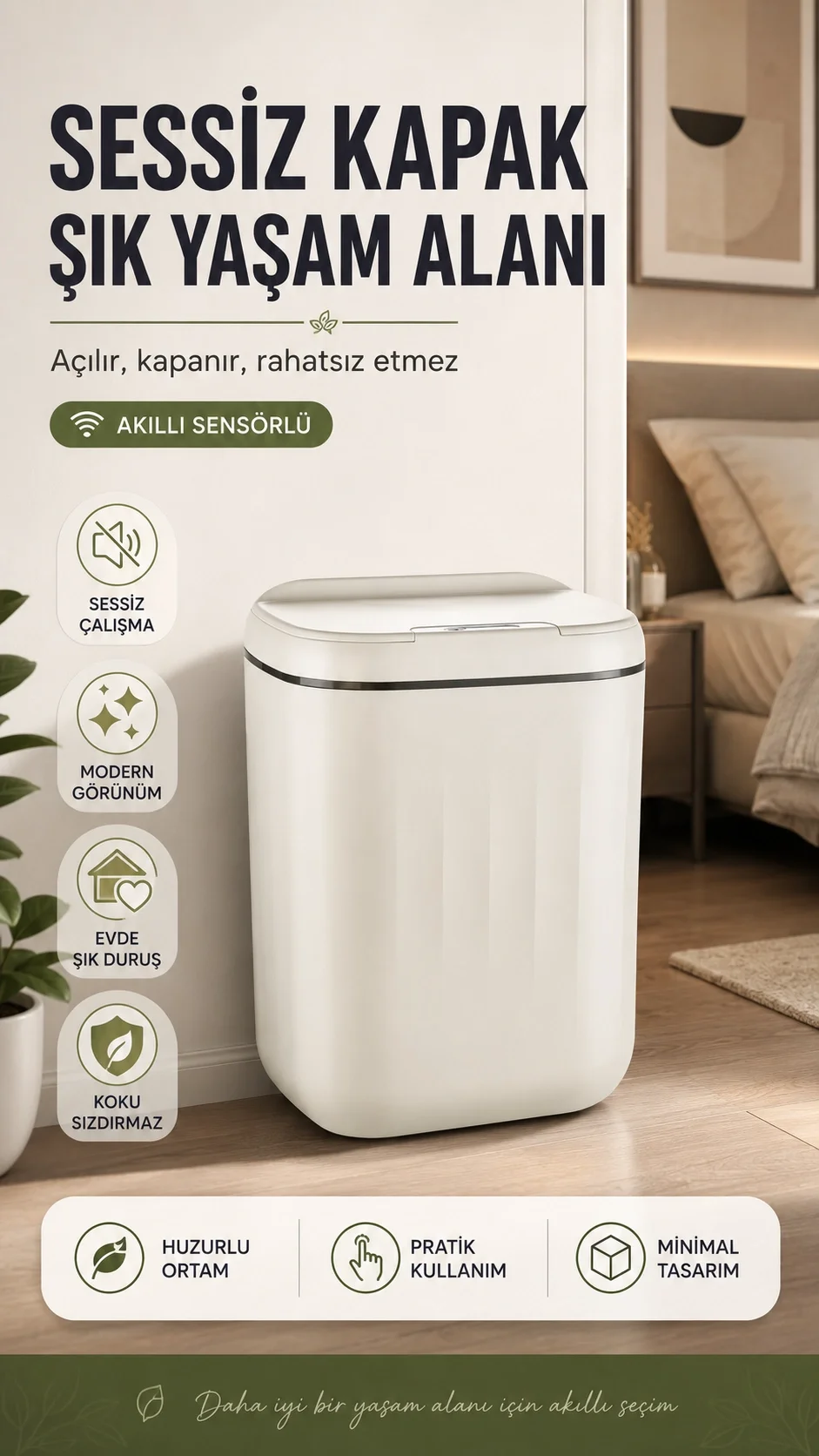 20 Litre Hacim Sensörlü Çöp Kutusu Hareket Algılayan Antibakteriyel