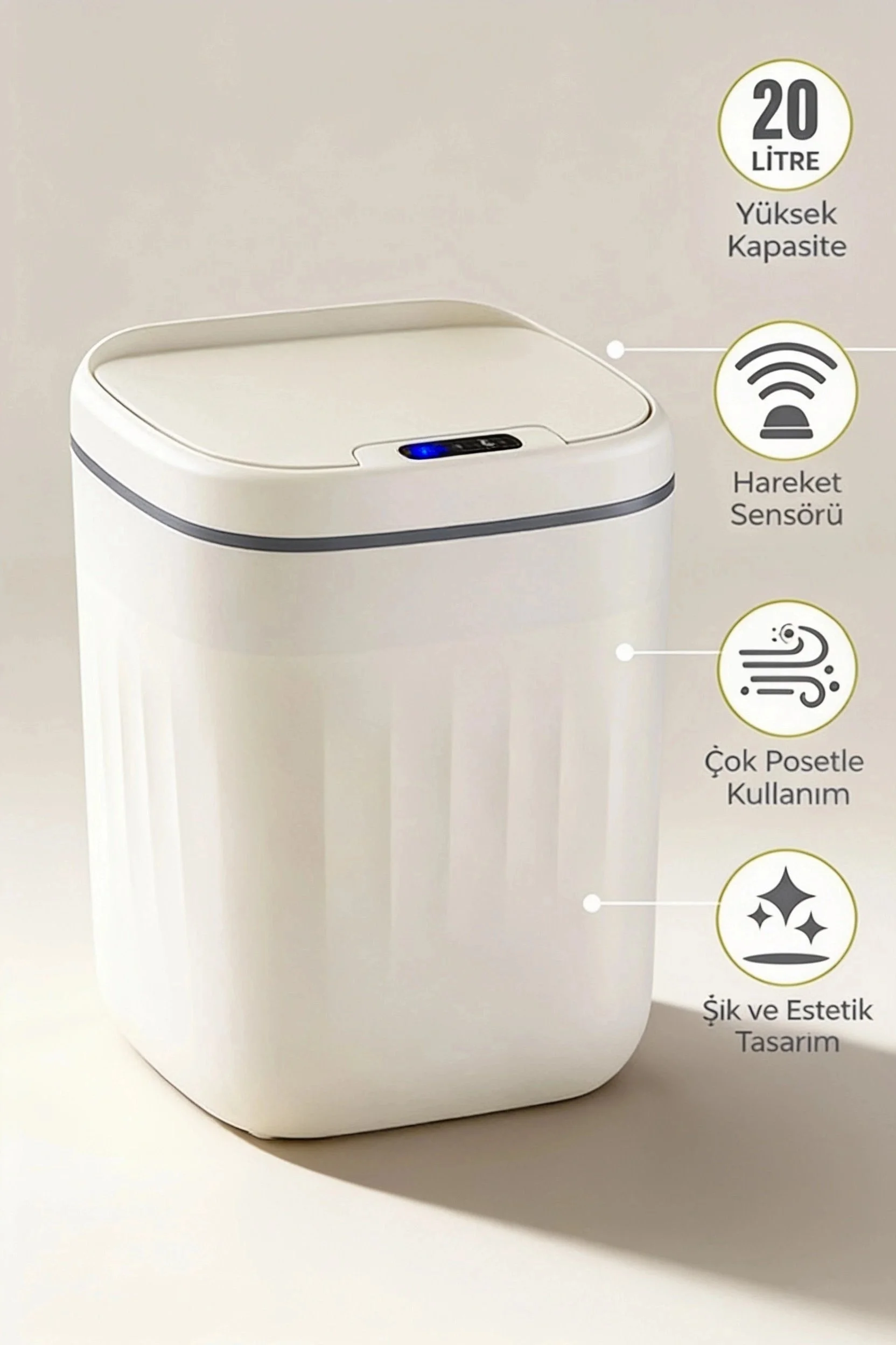 20 Litre Hareket Sensörlü Akıllı Çöp Kovası Beyaz