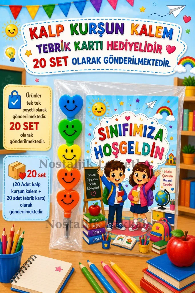 20 Set Sınıfımıza Hoşgeldin Yazılı Hediye Seti Kalp Kurşun Kalem 20 Set Sınıfımıza Hoşgeldin Yazılı Hediye Seti Kalp Kurşun Kalem