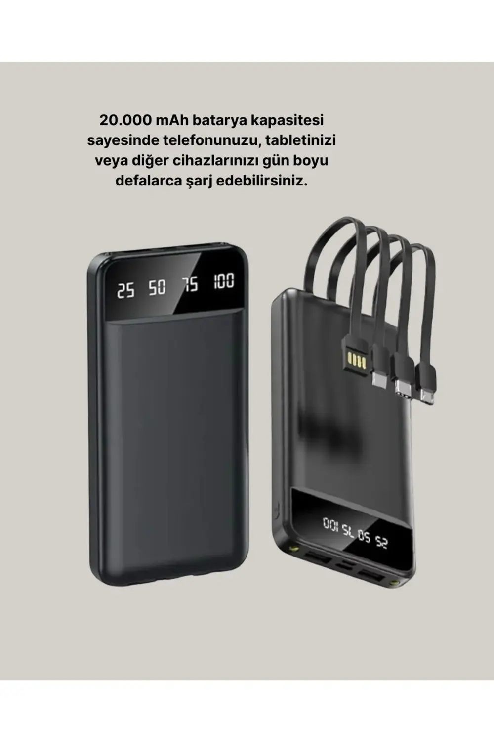 20.000 mAh 4 Çıkışlı LED Göstergeli Hızlı Şarj Powerbank